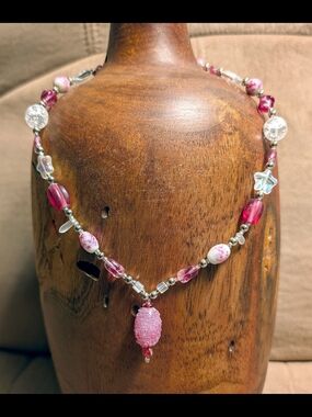 Pink Beaded Pendant Necklace And Earrings Set- Women's Jewelry